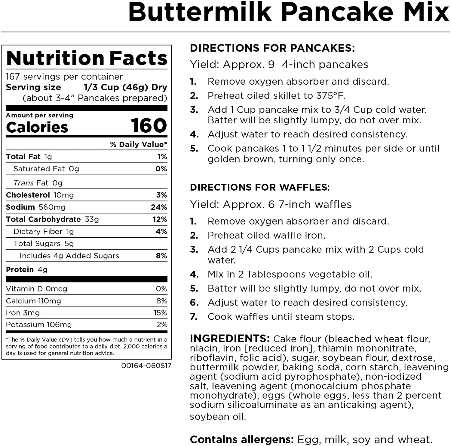Augason Farms Buttermilk Pancake Mix 17lb 4 Gallon Pail nutrition label.