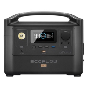 A black portable power station with a clock on it from EcoFlow RIVER PRO.