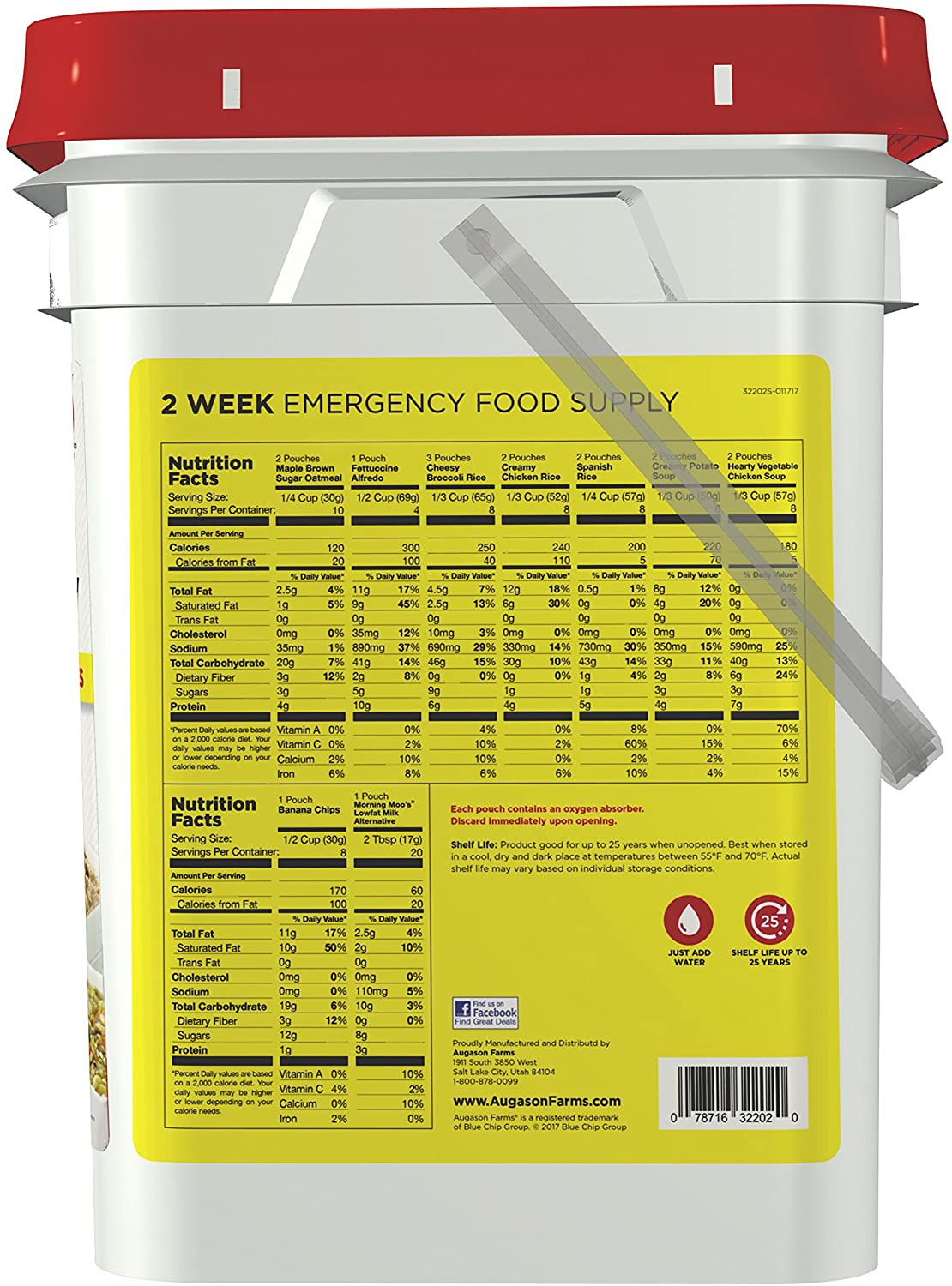 Augason Farms 2-Week Emergency Food Storage Supply Kit with red lid.