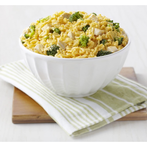 A bowl of rice with broccoli and chicken from an emergency food storage kit.