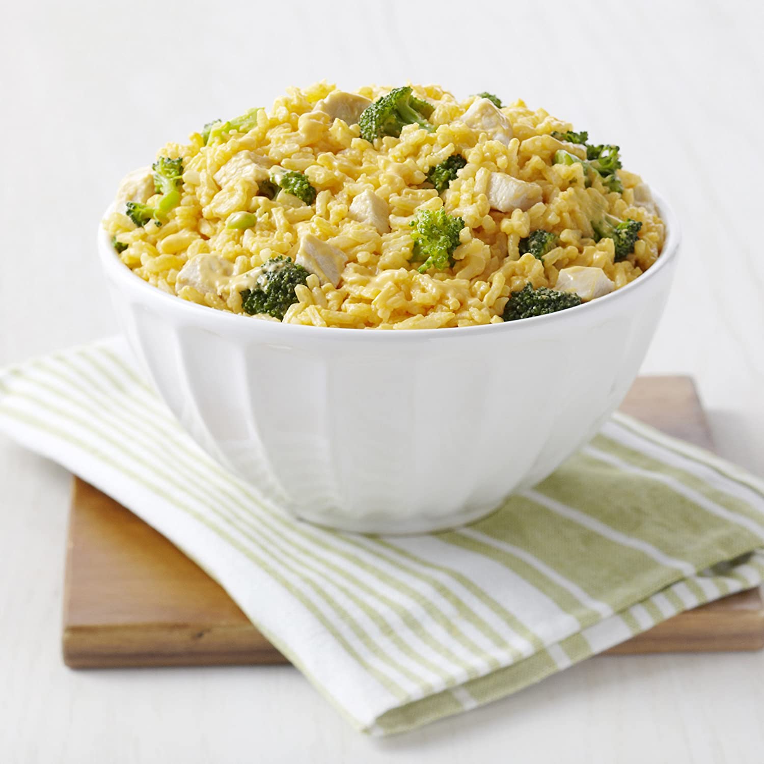A bowl of rice with broccoli and chicken from an emergency food storage kit.