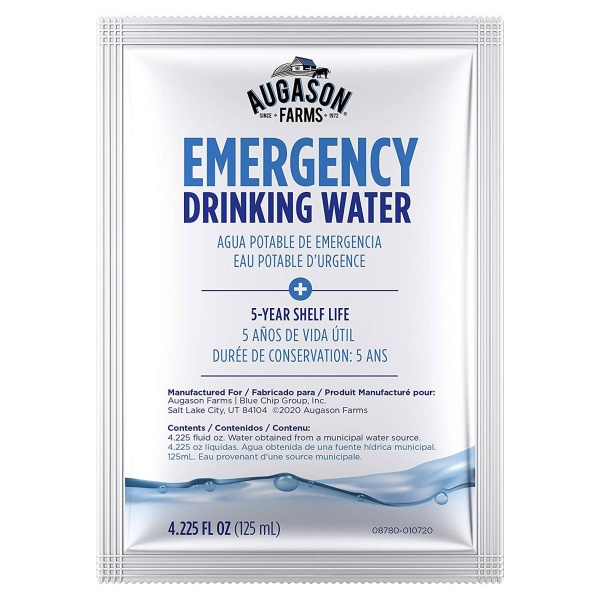 Augason Farms emergency drinking water pouches - pack of 100 pouches.