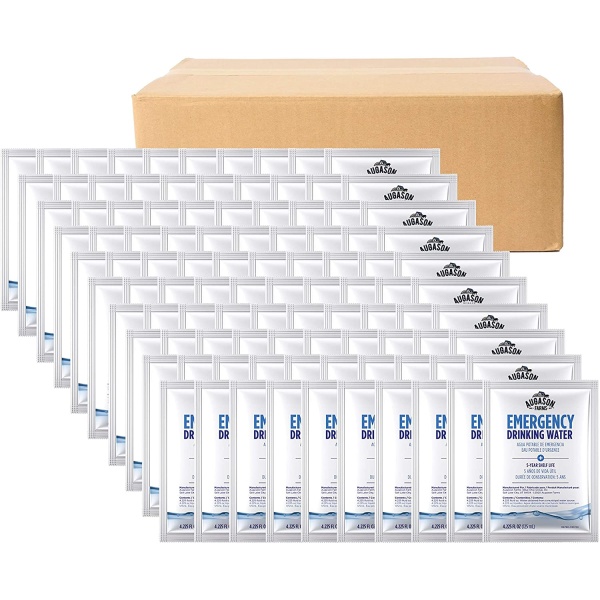 Augason Farms Emergency Drinking Water Pouches - Pack of 100 Pouches - (SHIPS IN 1-2 WEEKS) stored in front of a box containing an ice pack.