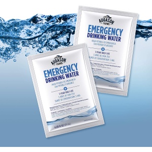 Pack of emergency drinking water pouches.