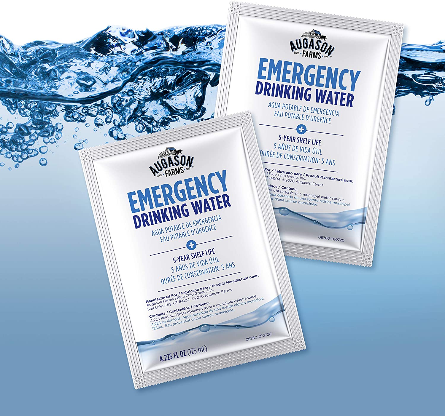 Pack of emergency drinking water pouches.