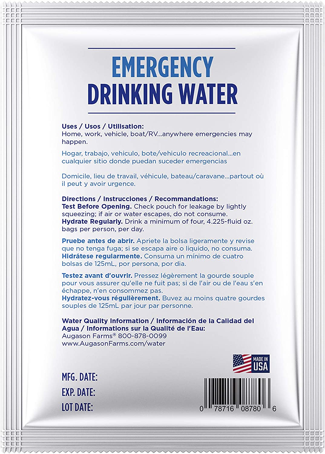 Emergency drinking water packets.