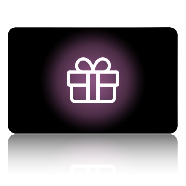 A $50+ PrepSOS.com E-Gift Card presented in a purple gift box on a black background.