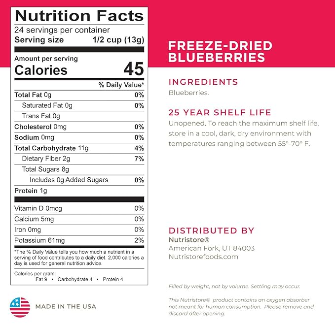 Freeze Dried Blueberries Nutrition Label.