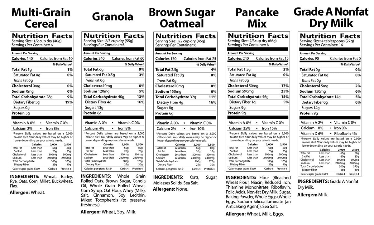Nutrition labels for a variety of non-GMO cereals.