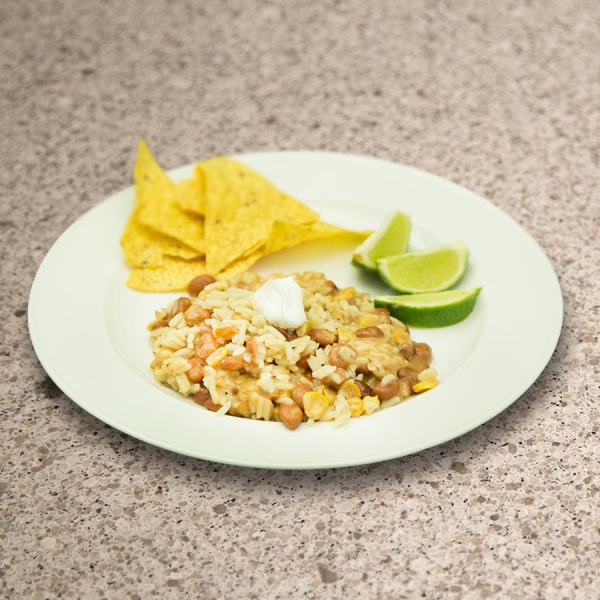 A 1-month entree pail kit with freeze-dried rice and tortillas.