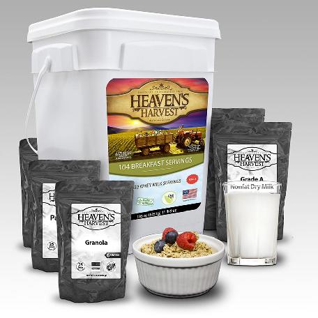 Heaven's Harvest granola pail with milk, cereal, and 1-month supply of freeze-dried breakfast entrees.