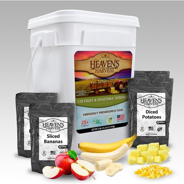 Heaven's Harvest Gluten-Free Non-GMO Freeze-Dried Fruit and Vegetable Bucket.