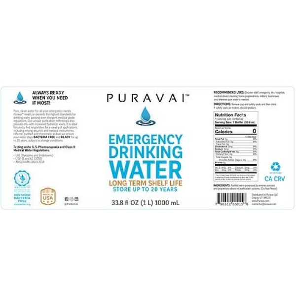 Puravai emergency drinking water: 1 Pallet of 792 One-Liter Bottles with 20+ Year Shelf Life (SHIPS IN 3-6 WEEKS).