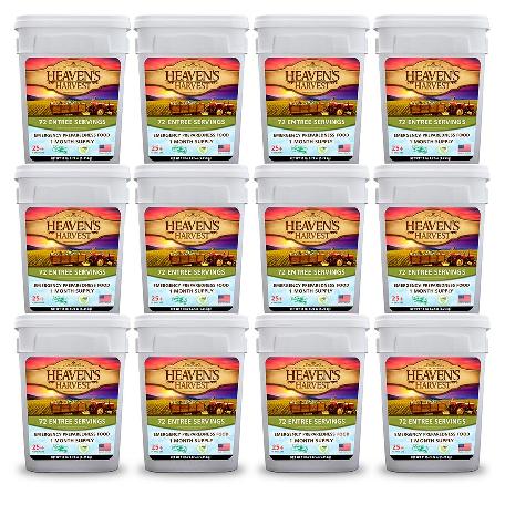 A set of ten buckets of organic beef jerky in Heaven's Harvest Non-GMO Freeze-Dried 12-Month Lunch and Dinner Entree Pail Kit.