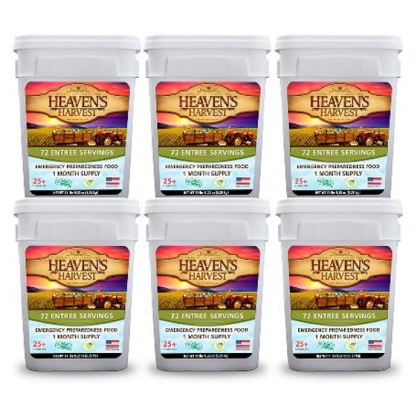 Six buckets of Heaven's Harvest granola, with tractor pictures.
