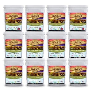 A set of ten buckets of gluten-free, non-GMO freeze-dried fruit and vegetable pail kit in a white background.
