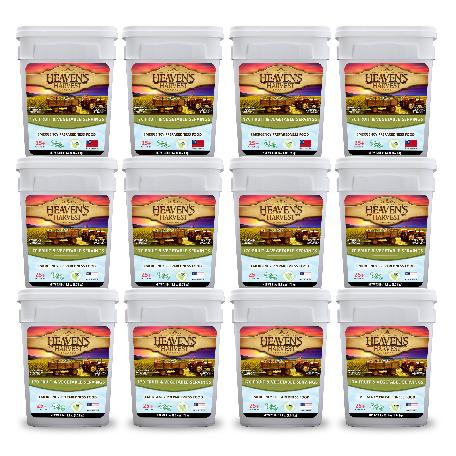 A set of ten buckets of gluten-free, non-GMO freeze-dried fruit and vegetable pail kit in a white background.