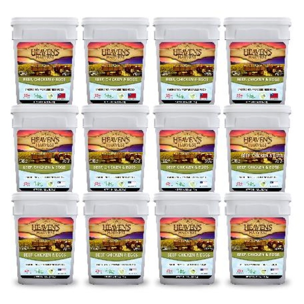 A set of ten buckets of Heaven's Harvest Non-GMO and Gluten-Free freeze-dried food, including beef and eggs, on a white background.