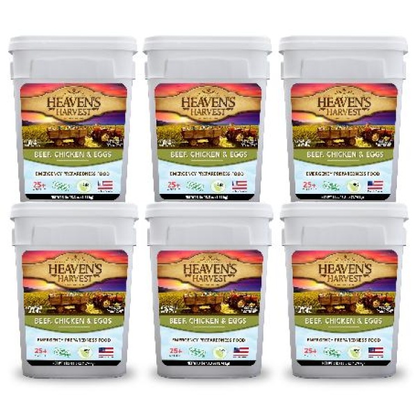 A set of six buckets of beveren's chicken feed with Heaven's Harvest Non-GMO and Gluten-Free Freeze-Dried Beef and Eggs Protein Booster Kit.