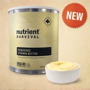 Nutrient survival powdered vitamin butter in a #10 can, providing 204 servings and shipping in 2-4 weeks.