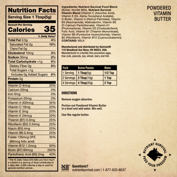 Back of Powdered Nutrition Label for Nutrient Survival Butter Powder - 36oz Can, 204 Servings (2-4 Weeks Shipping).
