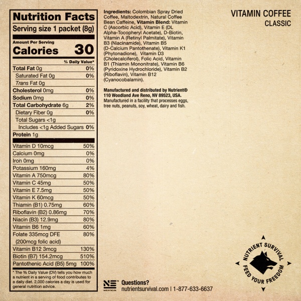 The back of a *Nutrient Survival Vitamin Coffee.