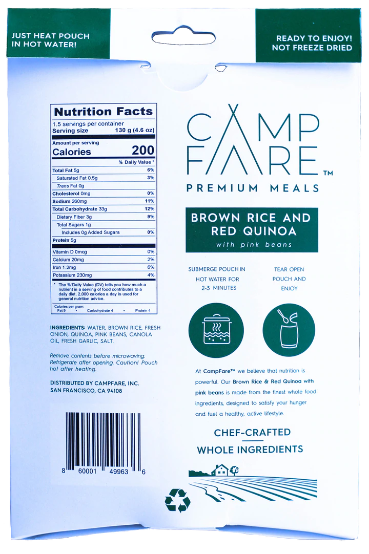 Camp fare premium meals featuring brown rice and quinoa.