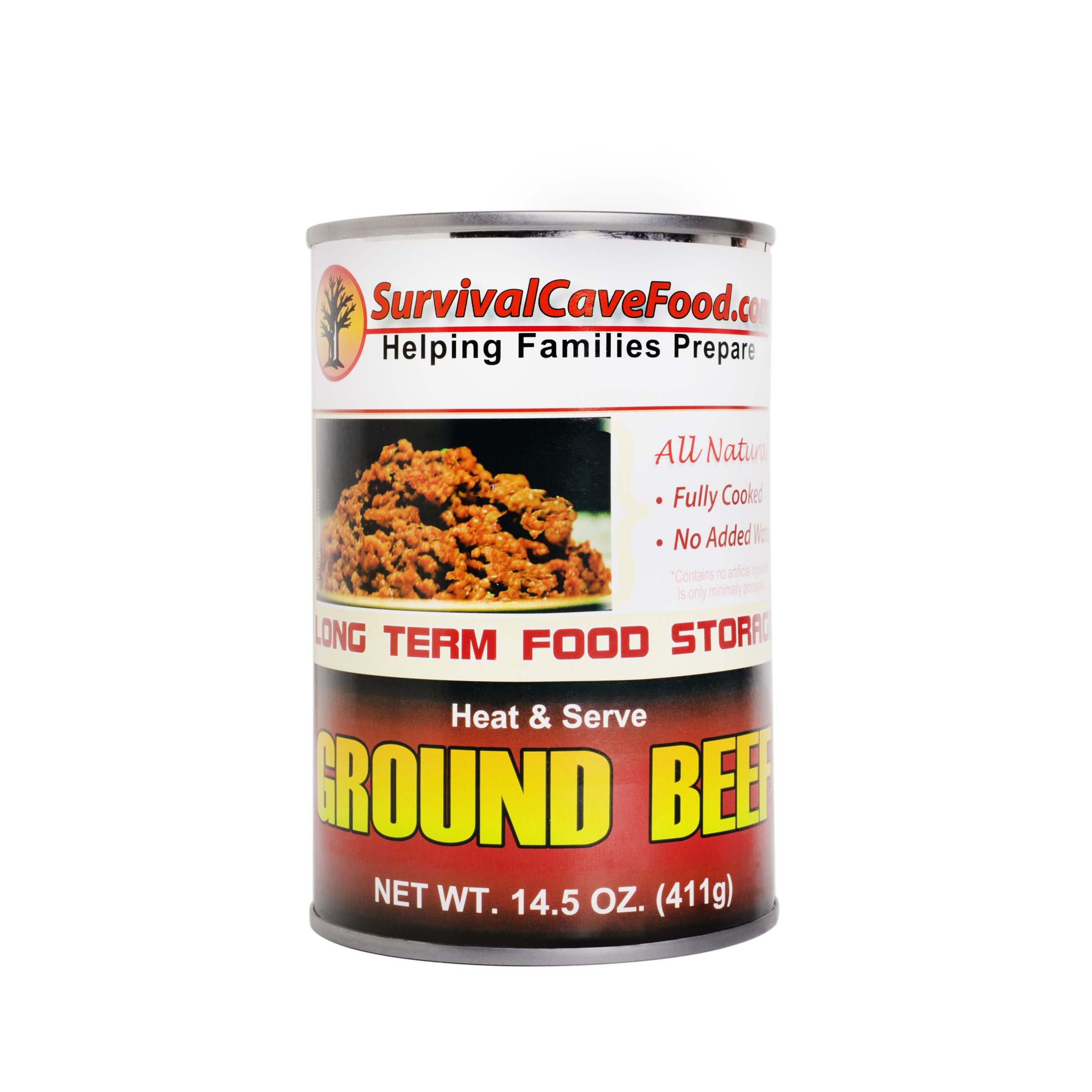 A can of ground beef for emergency food storage on a white background.