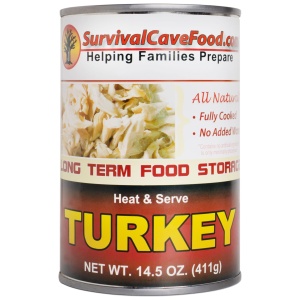 An emergency can of canned turkey for food storage on a white background.
