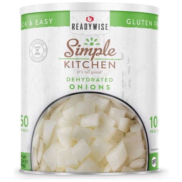 A simple kitchen can of dehydrated diced onions.