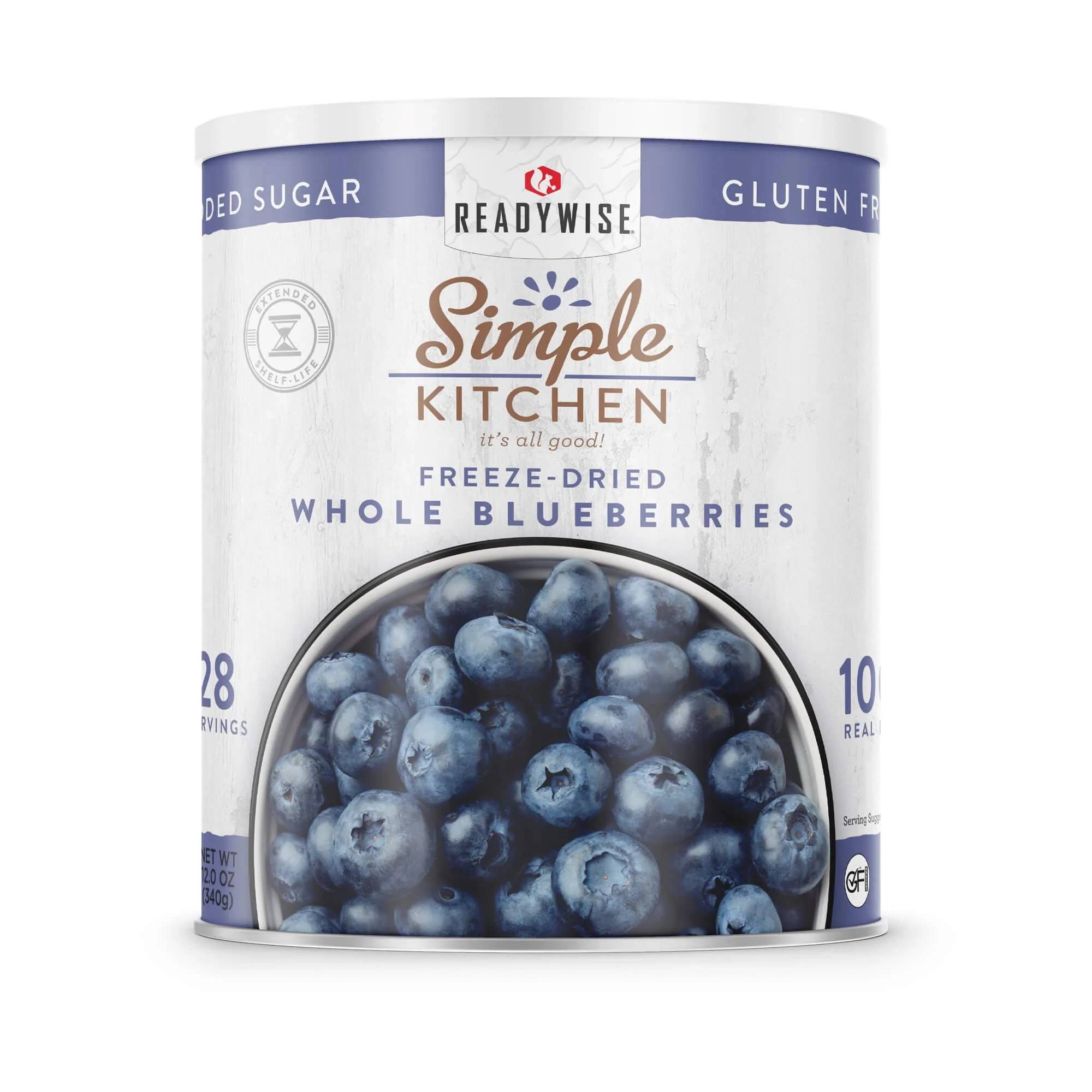 Simple Kitchen freeze-dried whole blueberries in a #10 can with 28 servings, shipping in 1-2 weeks.