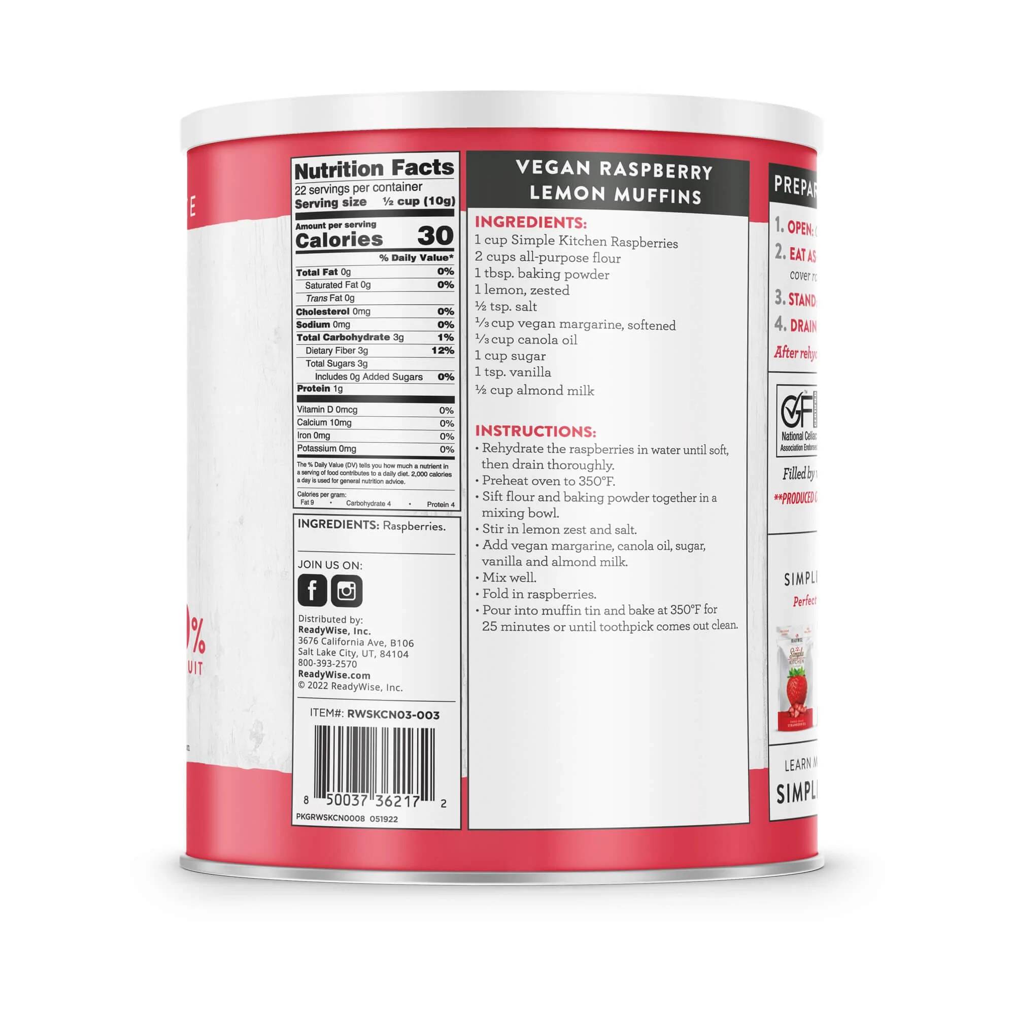 The back of a can of protein powder with Simple Kitchen Freeze-Dried Raspberries and 22 Servings.