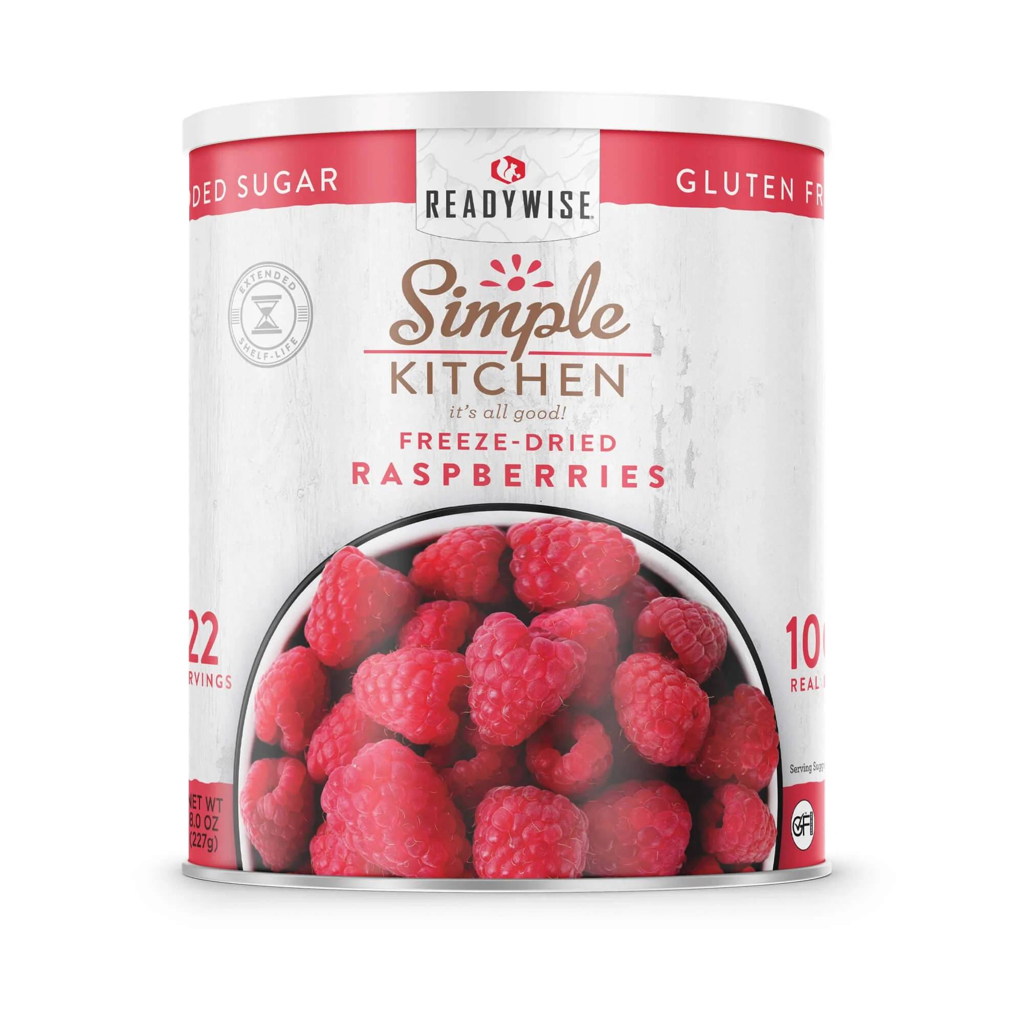 A can of freeze-dried raspberry granola that ships in 1-2 weeks.