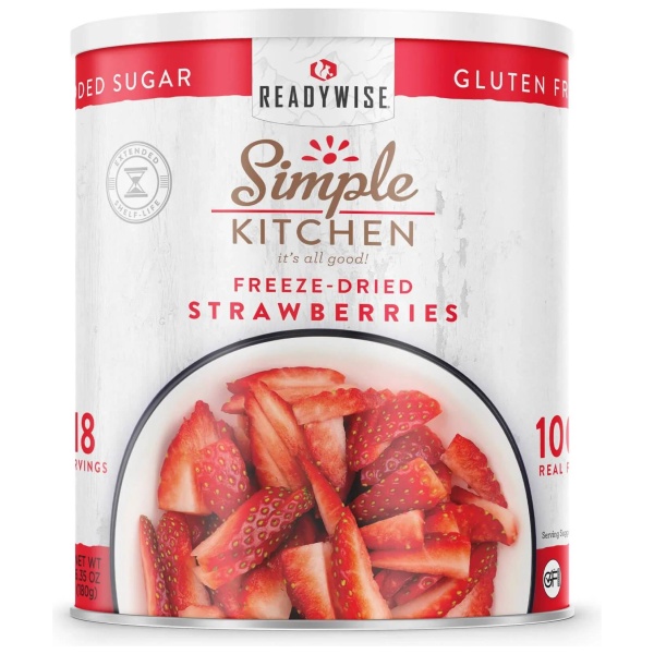 A tin of simple kitchen strawberry granola with freeze-dried sliced strawberries.