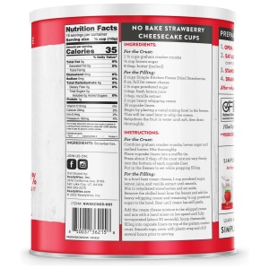 The back of a can of protein powder on a white background with Simple Kitchen Freeze-Dried Strawberries #10 Can - 18 Servings.