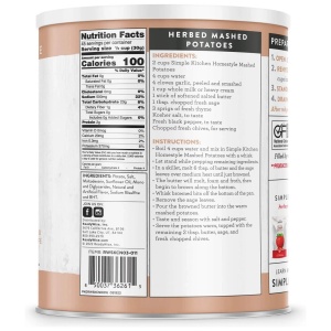 The back of a can of protein powder containing Simple Kitchen Homestyle Mashed Potatoes.