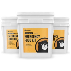 Three buckets of premium emergency food supply kit with over 2000 calories per day and 1200 total servings.