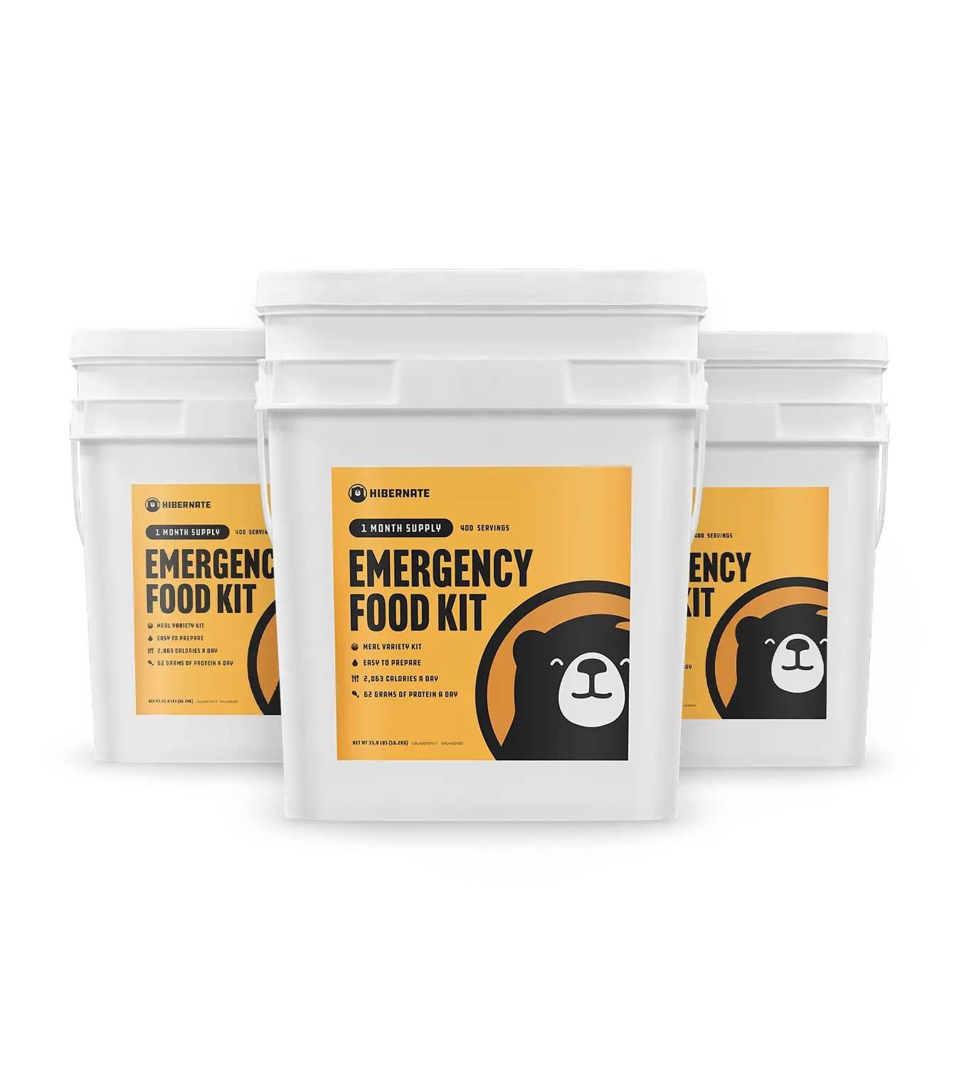 Three buckets of premium emergency food supply kit with over 2000 calories per day and 1200 total servings.