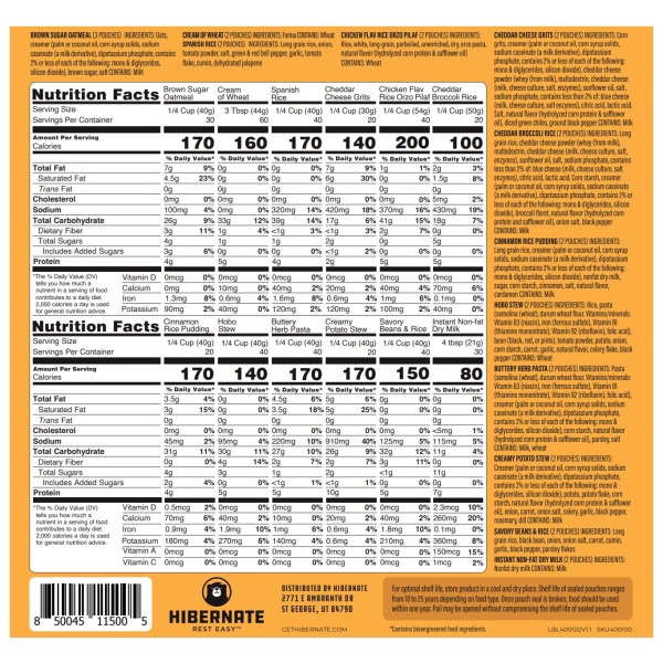 Back of nutrition label for 1 Month Premium Emergency Food Supply Pail.