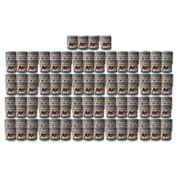 A stack of canned foods from Rainy Day Foods.