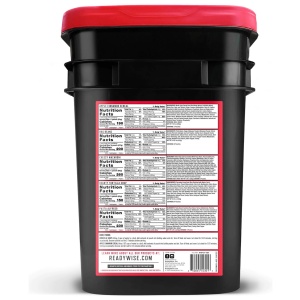 A black bucket with a red lid for ReadyWise 4 Week Supply.
