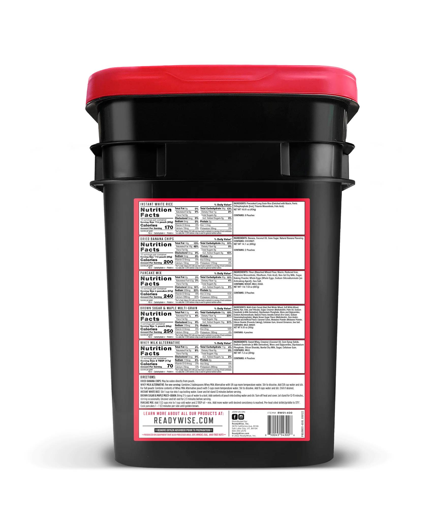 A black bucket with a red lid, containing a ReadyWise 4-Week Supply of 298 servings.
