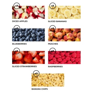 A variety pail of freeze-dried and dehydrated fruits and berries with 378 servings.