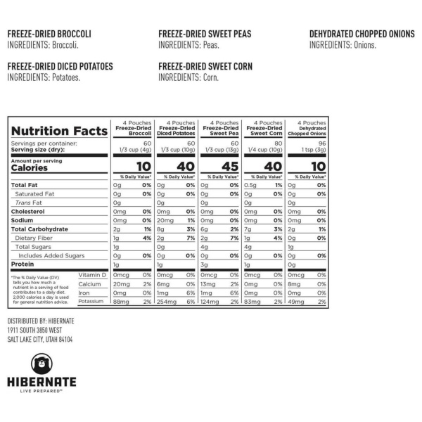 A freeze-dried vegetable variety nutrition label.