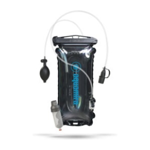 A pressurized water bottle equipped with the Aquamira 3L Hydration Engine and a hose attachment.