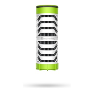 A green and black speaker on a white background with aquamira backcountry plus.