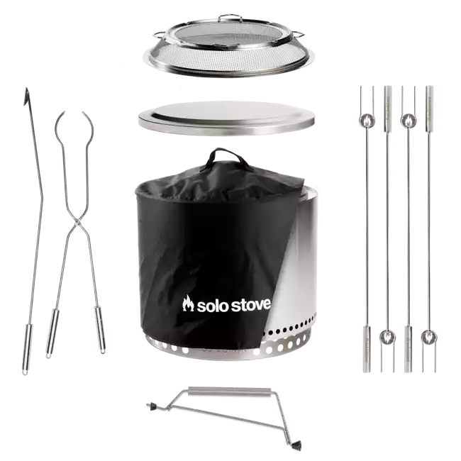 A portable camping kit with pots, pans, and utensils: Solo Stove Stainless Steel Bonfire Ultimate Bundle 2.0.