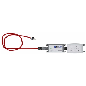 A portable power supply for travel campers with a red cord attached to it.