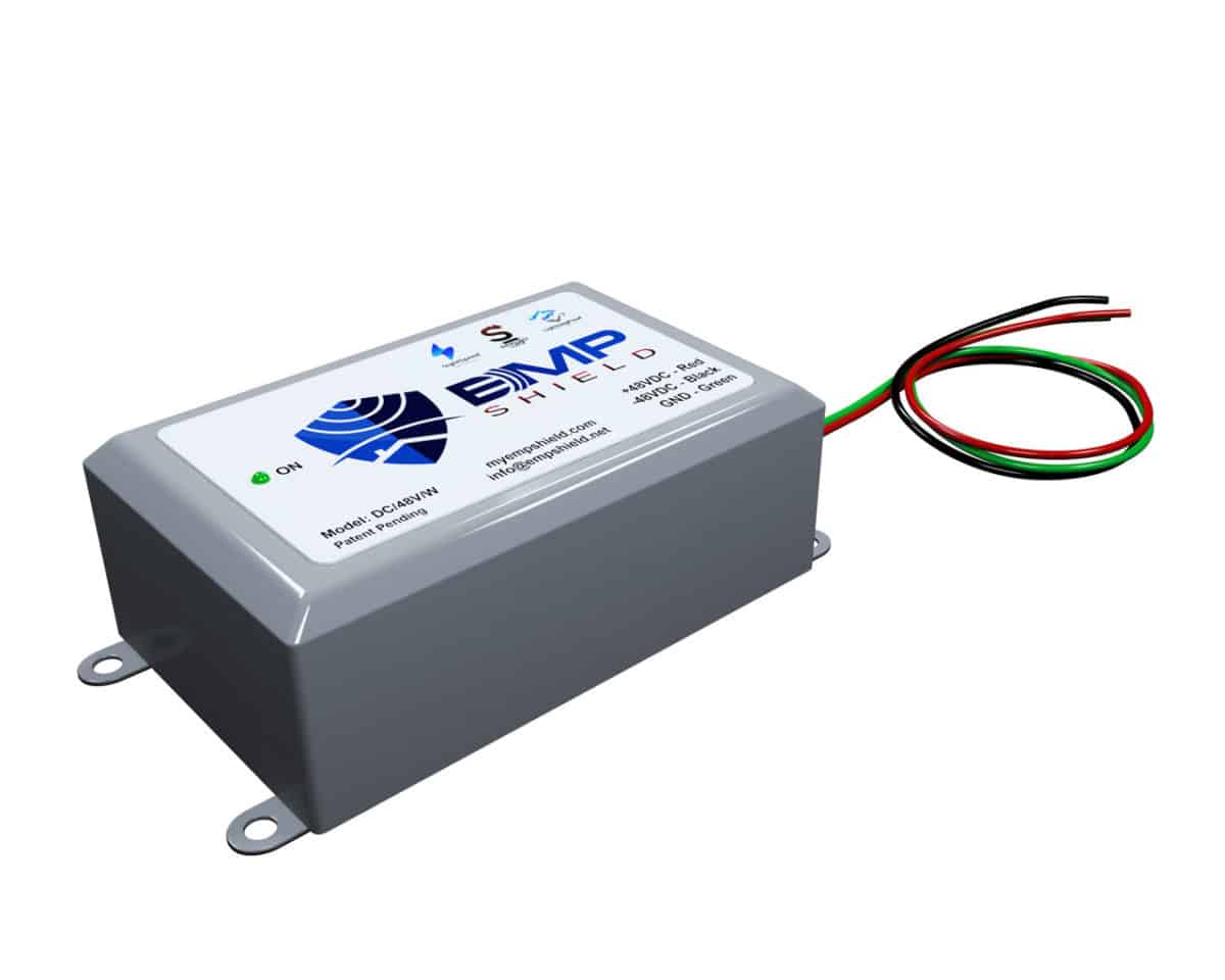 The EMP Shield Solar/Wind 48 Volt DC power supply is set against a white background.