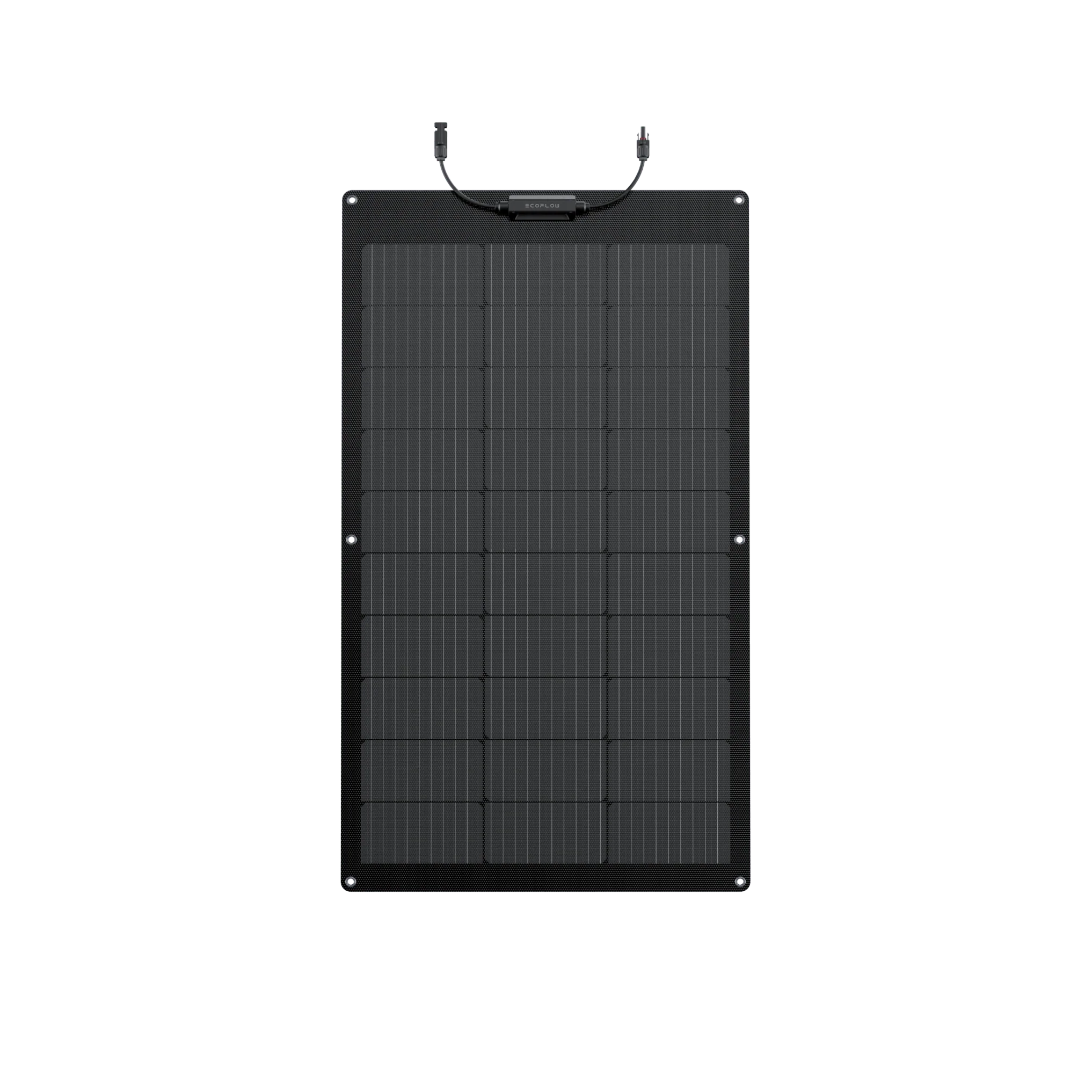 An EcoFlow 100W Monocrystalline Flexible Solar Panel on a blue background.